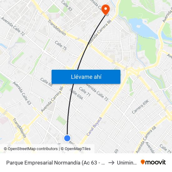 Parque Empresarial Normandía (Ac 63 - Kr 73a) to Uniminuto map