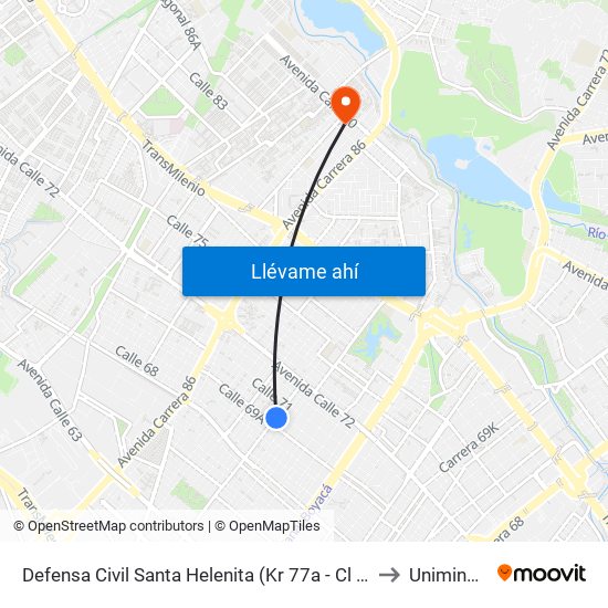 Defensa Civil Santa Helenita (Kr 77a - Cl 69a) to Uniminuto map