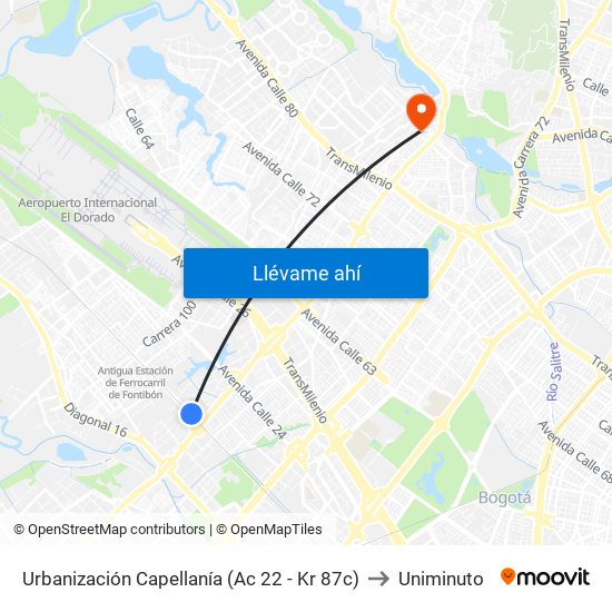 Urbanización Capellanía (Ac 22 - Kr 87c) to Uniminuto map