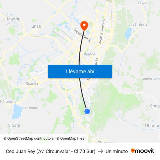 Ced Juan Rey (Av. Circunvalar - Cl 70 Sur) to Uniminuto map