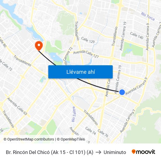 Br. Rincón Del Chicó (Ak 15 - Cl 101) (A) to Uniminuto map