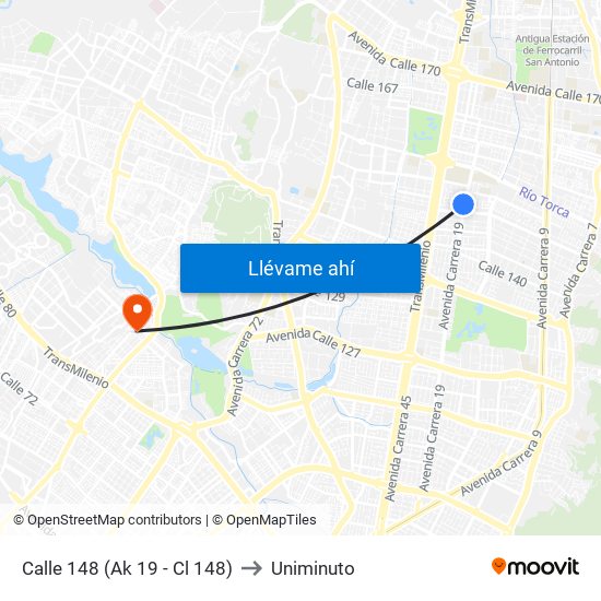 Calle 148 (Ak 19 - Cl 148) to Uniminuto map