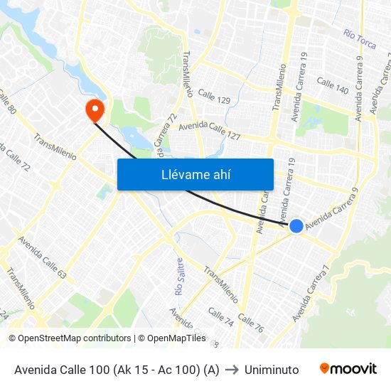 Avenida Calle 100 (Ak 15 - Ac 100) (A) to Uniminuto map