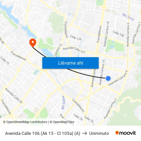 Avenida Calle 106 (Ak 15 - Cl 105a) (A) to Uniminuto map