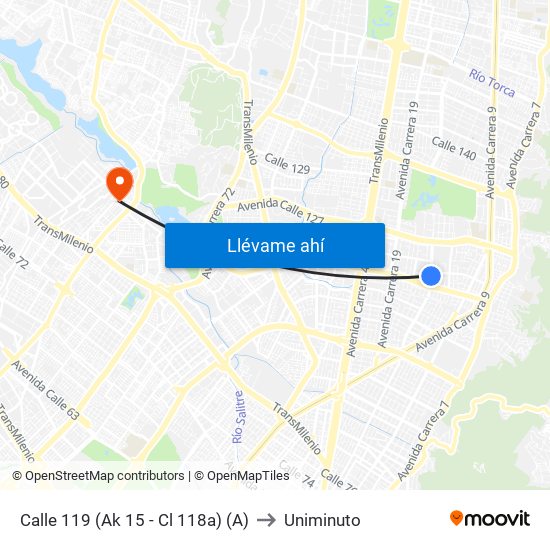 Calle 119 (Ak 15 - Cl 118a) (A) to Uniminuto map