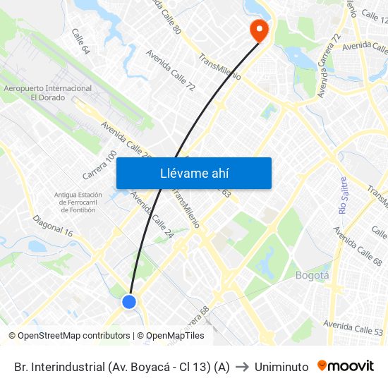 Br. Interindustrial (Av. Boyacá - Cl 13) (A) to Uniminuto map