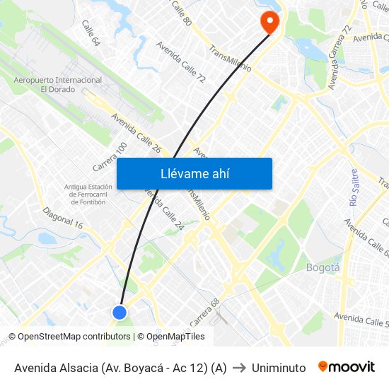 Avenida Alsacia (Av. Boyacá - Ac 12) (A) to Uniminuto map
