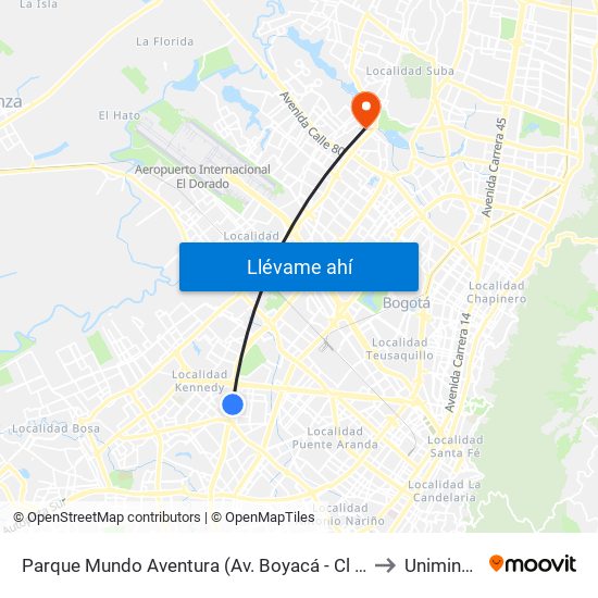 Parque Mundo Aventura (Av. Boyacá - Cl 2) (A) to Uniminuto map