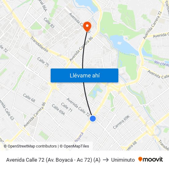 Avenida Calle 72 (Av. Boyacá - Ac 72) (A) to Uniminuto map