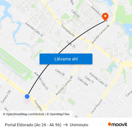 Portal Eldorado (Ac 26 - Ak 96) to Uniminuto map