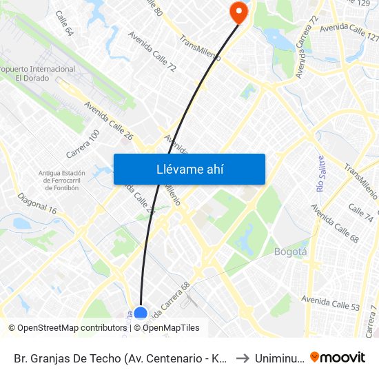 Br. Granjas De Techo (Av. Centenario - Kr 65) to Uniminuto map