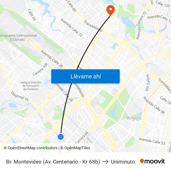 Br. Montevideo (Av. Centenario - Kr 68b) to Uniminuto map