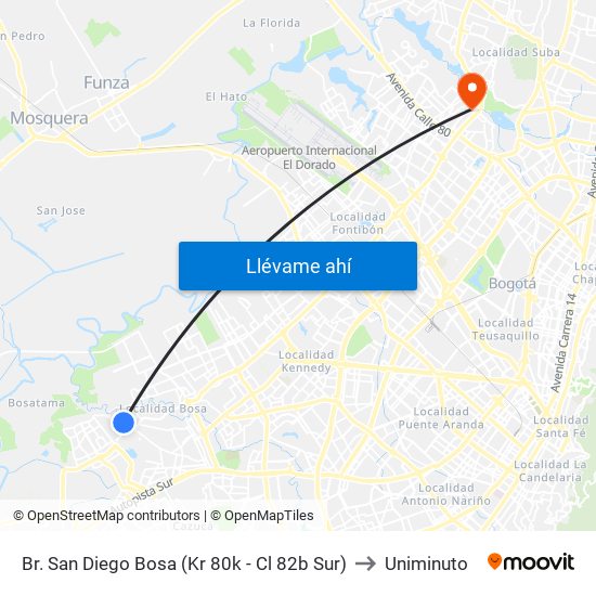 Br. San Diego Bosa (Kr 80k - Cl 82b Sur) to Uniminuto map