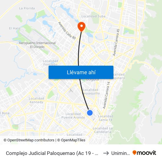 Complejo Judicial Paloquemao (Ac 19 - Kr 28a) (A) to Uniminuto map