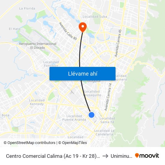 Centro Comercial Calima (Ac 19 - Kr 28) (A) to Uniminuto map