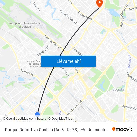 Parque Deportivo Castilla (Ac 8 - Kr 73) to Uniminuto map