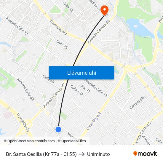 Br. Santa Cecilia (Kr 77a - Cl 55) to Uniminuto map