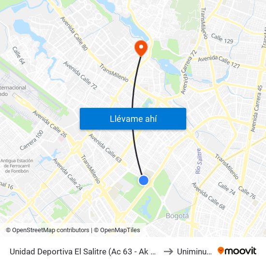 Unidad Deportiva El Salitre (Ac 63 - Ak 68) to Uniminuto map