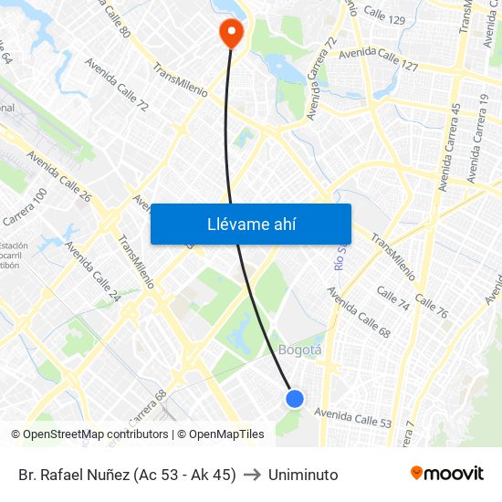 Br. Rafael Nuñez (Ac 53 - Ak 45) to Uniminuto map
