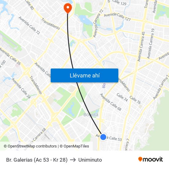 Br. Galerías (Ac 53 - Kr 28) to Uniminuto map