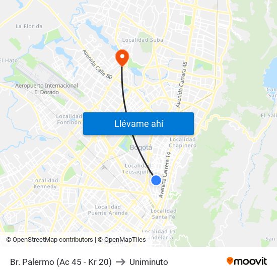 Br. Palermo (Ac 45 - Kr 20) to Uniminuto map