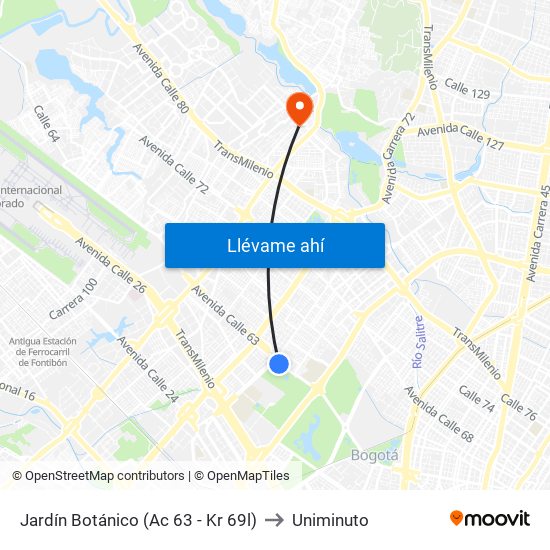 Jardín Botánico (Ac 63 - Kr 69l) to Uniminuto map