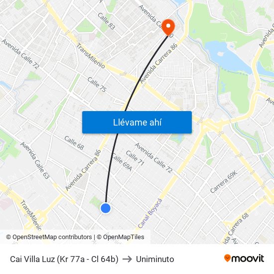 Cai Villa Luz (Kr 77a - Cl 64b) to Uniminuto map