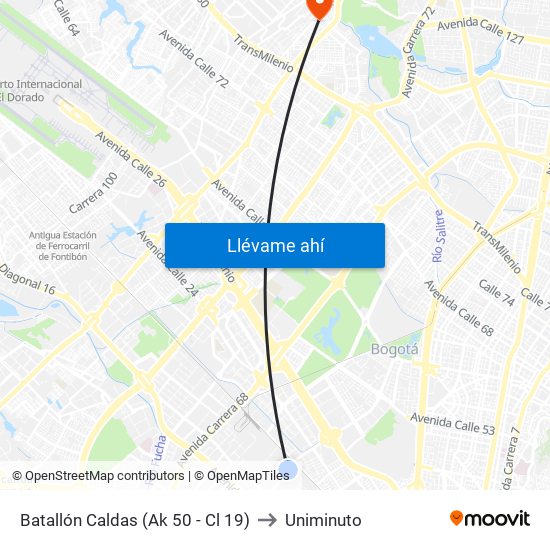 Batallón Caldas (Ak 50 - Cl 19) to Uniminuto map