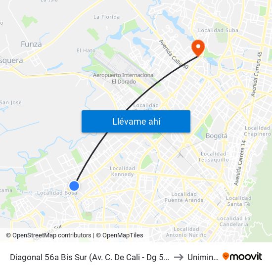 Diagonal 56a Bis Sur (Av. C. De Cali - Dg 56a Bis Sur) to Uniminuto map