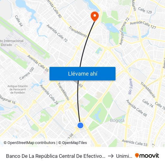 Banco De La República Central De Efectivo (Ak 68 - Ac 26) (A) to Uniminuto map