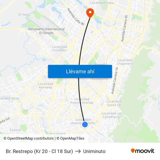 Br. Restrepo (Kr 20 - Cl 18 Sur) to Uniminuto map