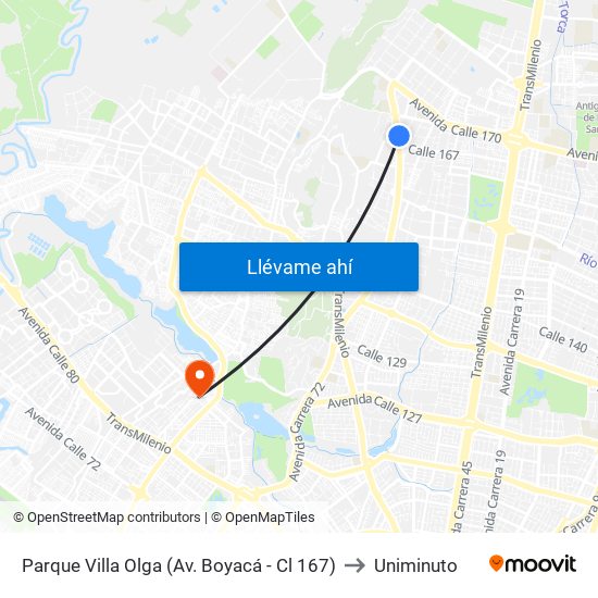 Parque Villa Olga (Av. Boyacá - Cl 167) to Uniminuto map