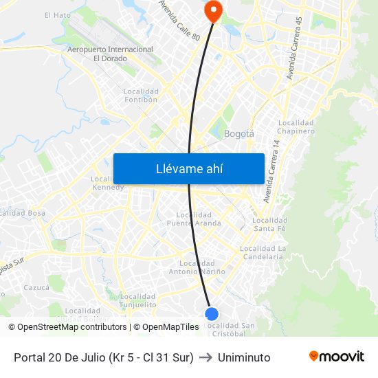 Portal 20 De Julio (Kr 5 - Cl 31 Sur) to Uniminuto map