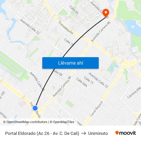 Portal Eldorado (Ac 26 - Av. C. De Cali) to Uniminuto map