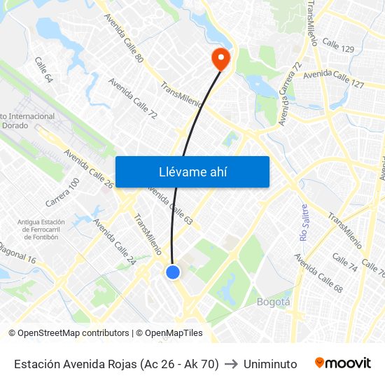 Estación Avenida Rojas (Ac 26 - Ak 70) to Uniminuto map