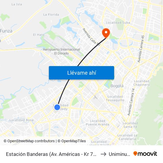 Estación Banderas (Av. Américas - Kr 79a) to Uniminuto map