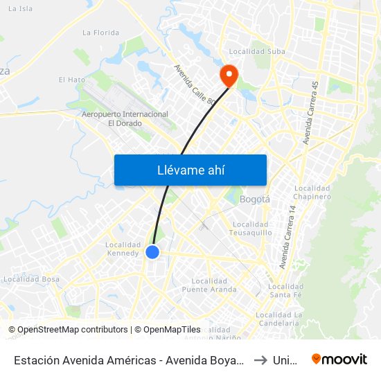 Estación Avenida Américas - Avenida Boyacá (Av. Américas - Kr 71b) (A) to Uniminuto map