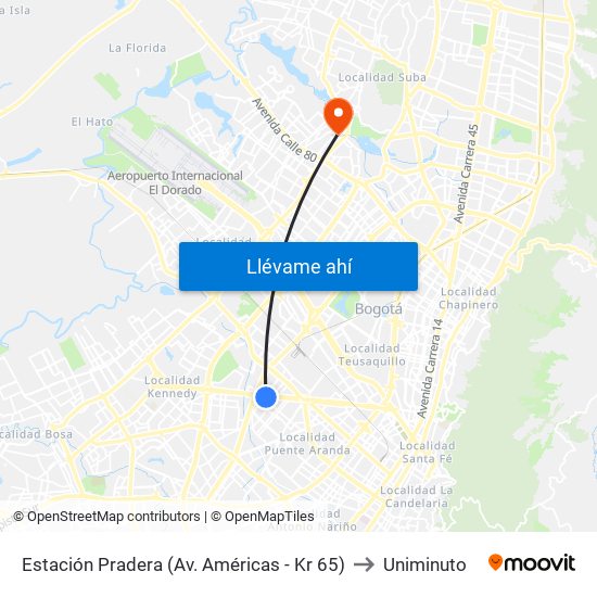 Estación Pradera (Av. Américas - Kr 65) to Uniminuto map
