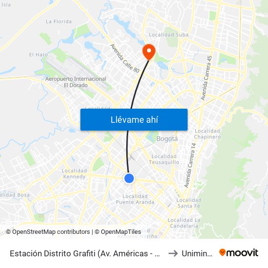 Estación Distrito Grafiti (Av. Américas - Kr 53a) to Uniminuto map