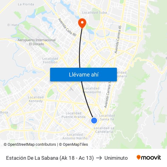 Estación De La Sabana (Ak 18 - Ac 13) to Uniminuto map