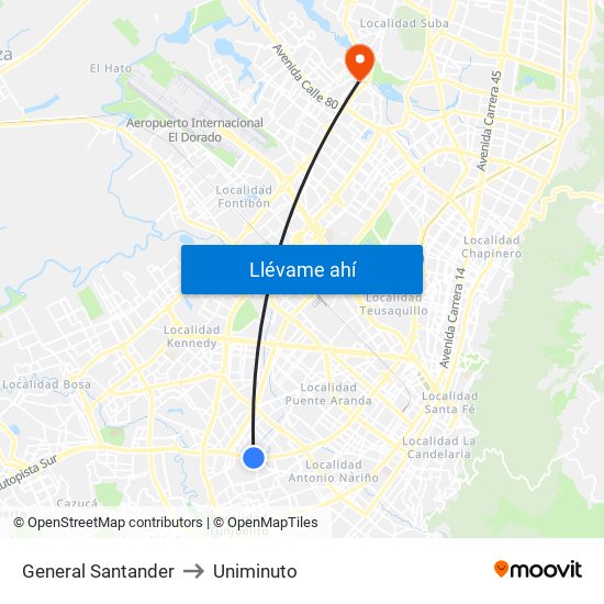 General Santander to Uniminuto map
