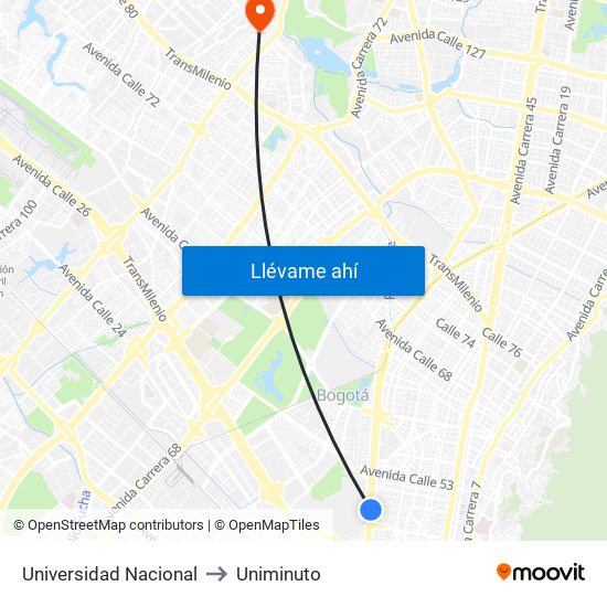 Universidad Nacional to Uniminuto map