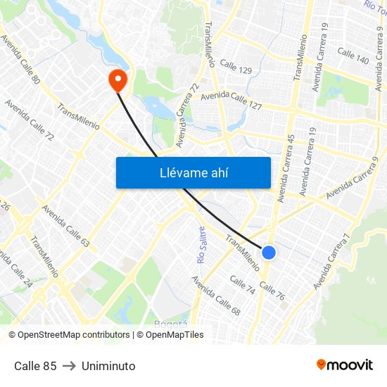 Calle 85 to Uniminuto map