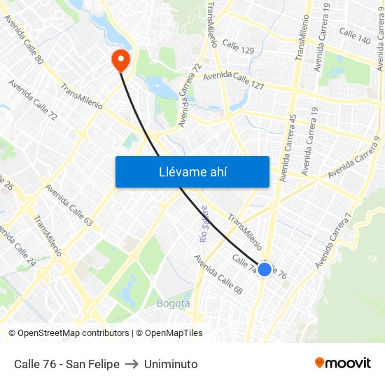 Calle 76 - San Felipe to Uniminuto map