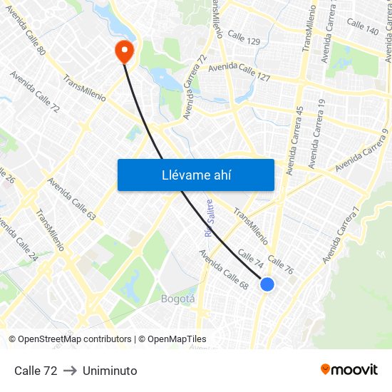 Calle 72 to Uniminuto map