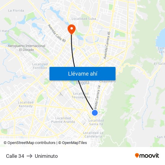 Calle 34 to Uniminuto map