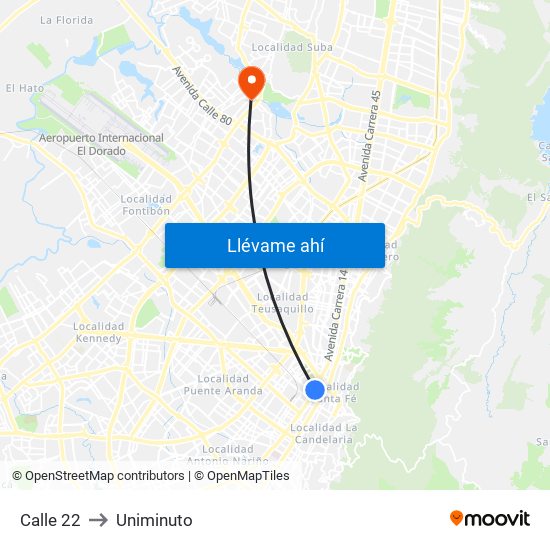 Calle 22 to Uniminuto map