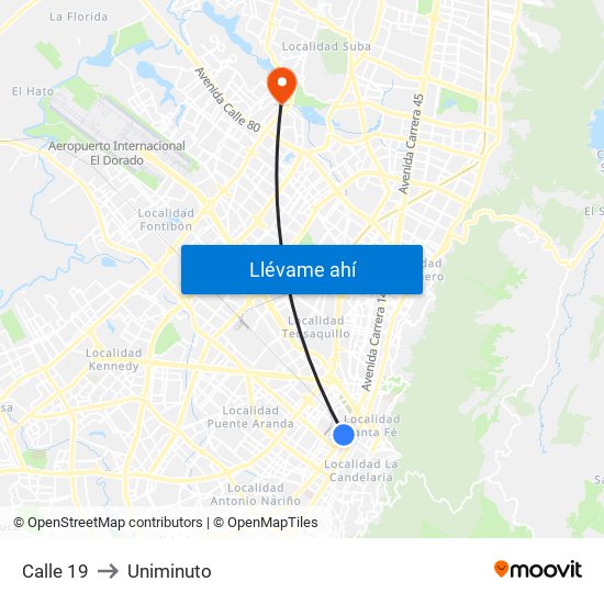 Calle 19 to Uniminuto map