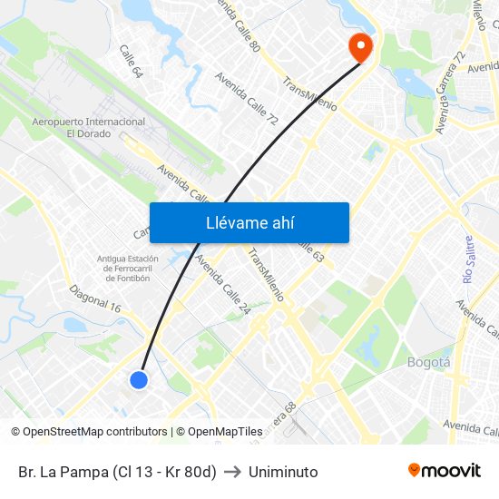 Br. La Pampa (Cl 13 - Kr 80d) to Uniminuto map