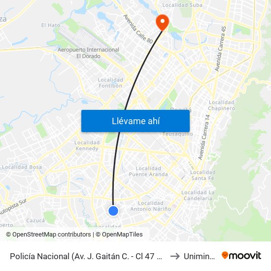 Policía Nacional (Av. J. Gaitán C. - Cl 47 Sur) (A) to Uniminuto map